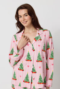 A lady wearing Pretty In Pine Long Sleeve Classic Stretch Jersey Pj Set closer look