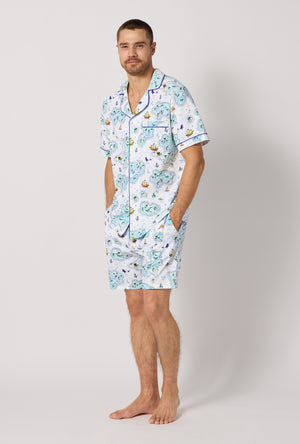 A man wearing Treasure Hunt Men's Short Sleeve Classic Stretch Jersey Short Pj Set