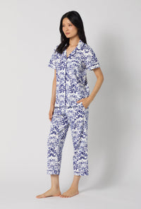 A lady wearing Under The Sea Short Sleeve Classic Stretch Jersey Cropped Pj Set looking side