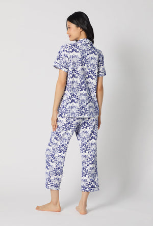 A lady wearing Under The Sea Short Sleeve Classic Stretch Jersey Cropped Pj Set back view
