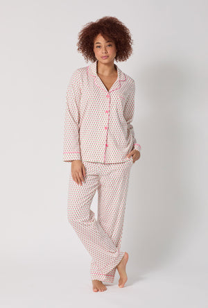 A lady wearing Blossom Geo Long Sleeve Classic Stretch Jersey Pj Set