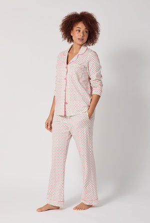 A lady wearing Blossom Geo Long Sleeve Classic Stretch Jersey Pj Set