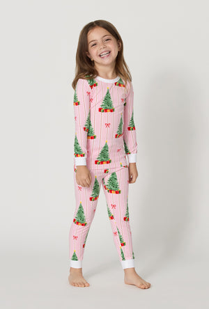 A girl wearing Pretty In Pine Long Sleeve Stretch Jersey Kids Pj Set
