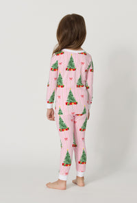 A girl wearing Pretty In Pine Long Sleeve Stretch Jersey Kids Pj Set back view