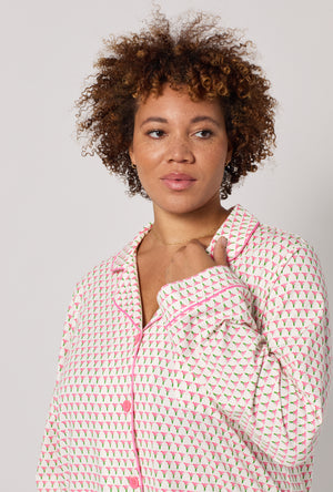 A lady wearing plus Blossom Geo Long Sleeve Classic Stretch Jersey Pj Set