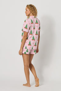A lady wearing Pretty In Pine Short Sleeve Classic Shorty Stretch Jersey Pj Set back view