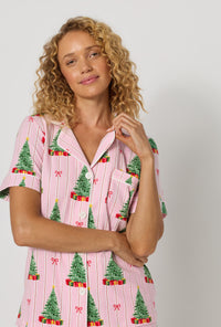 A lady wearing Pretty In Pine Short Sleeve Classic Shorty Stretch Jersey Pj Set closer look