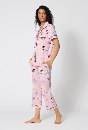 A Lady Wearing J'adore Paris Short Sleeve Classic Stretch Jersey Cropped Pj Set in a side angled pose