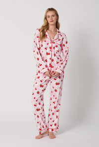 A Lady Wearing Berry Souffle Long Sleeve Classic Stretch Jersey PJ Set Front View