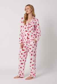 A Lady Wearing Berry Souffle Long Sleeve Classic Stretch Jersey PJ Set Side Angle View
