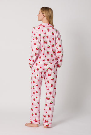 A Lady Wearing Berry Souffle Long Sleeve Classic Stretch Jersey PJ Set Back View