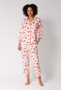 A lady wearing Farm Fresh 3/4 Sleeve Classic Stretch Jersey Cropped Pj Set