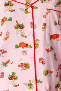 A lady wearing Farm Fresh 3/4 Sleeve Classic Stretch Jersey Cropped Pj Set closer look at fabric