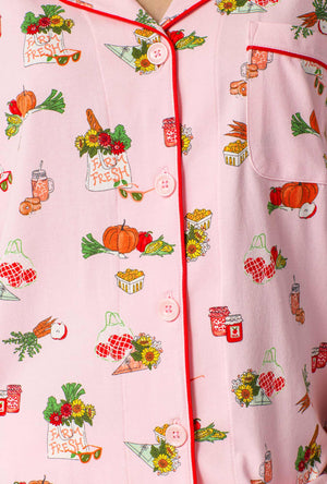 A lady wearing Farm Fresh 3/4 Sleeve Classic Stretch Jersey Cropped Pj Set closer look at fabric