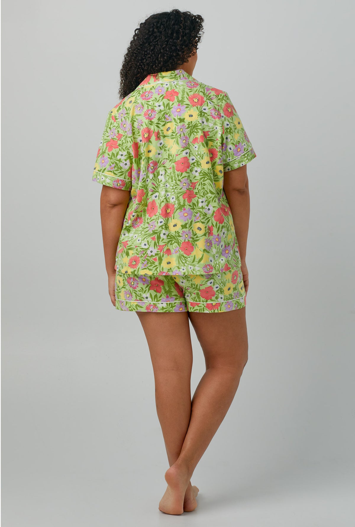 A lady wearing Short Sleeve Classic Shorty Stretch Jersey PJ Set with whispering meadow print