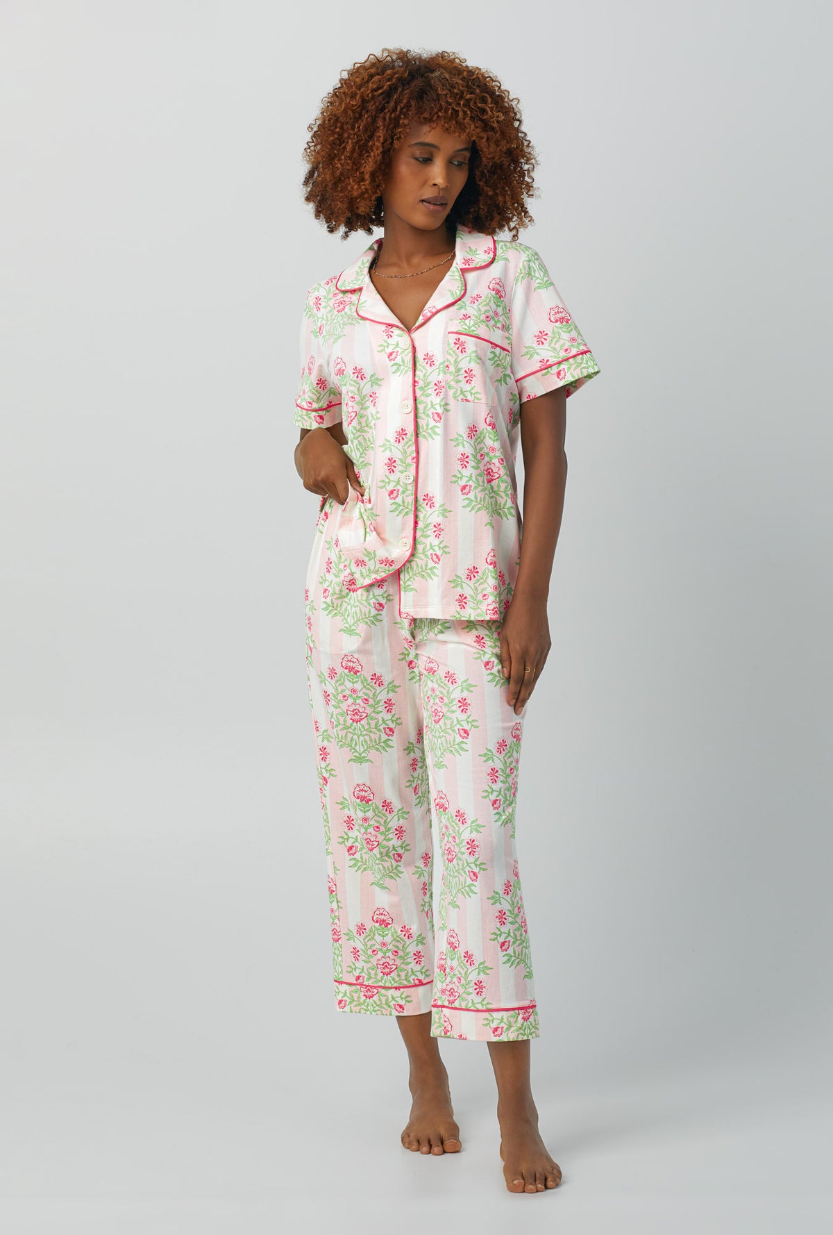 A lady wearing Short Sleeve Classic Stretch Jersey Cropped PJ Set with Estate Bouquet