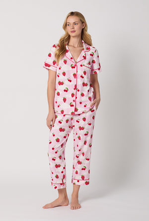 A Lady Wearing Berry Souffle Short Sleeve Classic Stretch Jersey Cropped PJ Set Front View