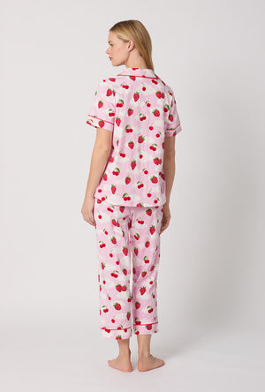 A Lady Wearing Berry Souffle Short Sleeve Classic Stretch Jersey Cropped PJ Set Back View
