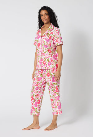 A Lady Wearing Josephine Short Sleeve Classic Stretch Jersey Cropped Pj Set in a side angled view pose