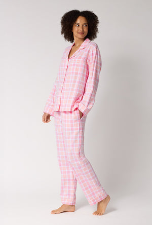 A lady wearing Prairie Plaid Long Sleeve Classic Woven Portuguese Flannel Pj Set looking side