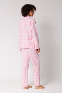 A lady wearing Prairie Plaid Long Sleeve Classic Woven Portuguese Flannel Pj Set back view