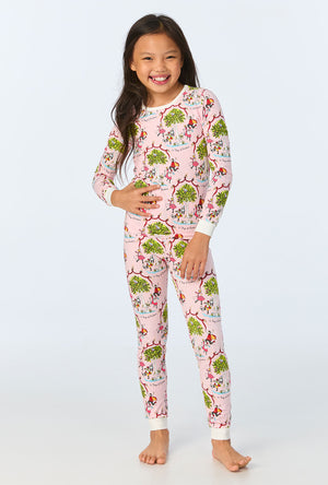 A child wearing Twelve Days of Christmas Long Sleeve Stretch Jersey Kids PJ Set