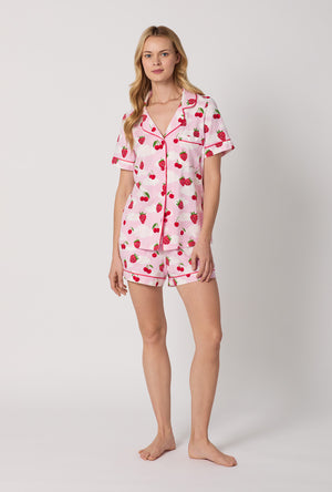 A Lady Wearing Berry Souffle Short Sleeve Classic Shorty Stretch Jersey PJ Set Front View