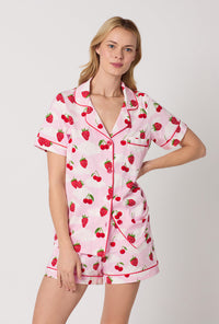 A Lady Wearing Berry Souffle Short Sleeve Classic Shorty Stretch Jersey PJ Set Closeup View