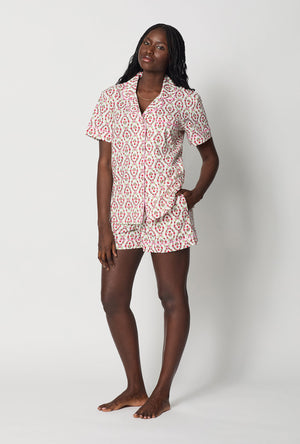 A lady wearing Olivia Short Sleeve Classic Woven Cotton Poplin Shorty Pj Set