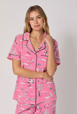 A lady wearing Putting Pink Short Sleeve Classic Stretch Jersey Cropped Pj Set