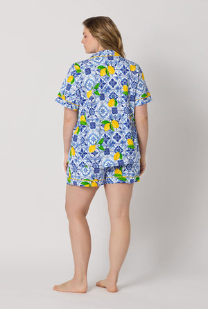 A lady wearing plus size Blue and White Short Sleeve Classic Shorty Stretch Jersey Pj Set back view