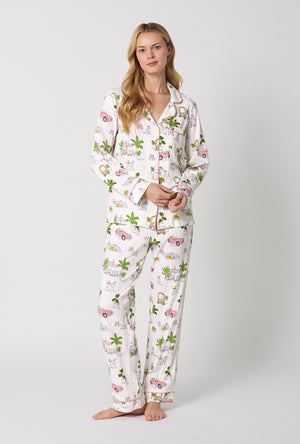 A Lady Wearing Poolside Poodles Long Sleeve Classic Stretch Jersey PJ set Front View