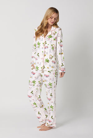 A Lady Wearing Poolside Poodles Long Sleeve Classic Stretch Jersey PJ Set Side Angle View