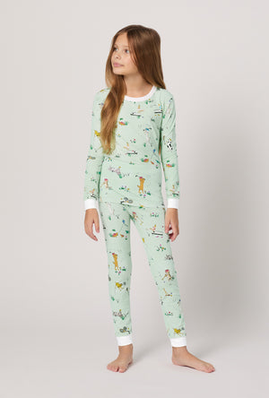 A girl wearing Lawn Games Long Sleeve Stretch Jersey Kids Pj Set