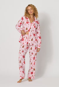 A lady wearing Candy And Cocoa Long Sleeve Classic Stretch Jersey Pj Set looking front