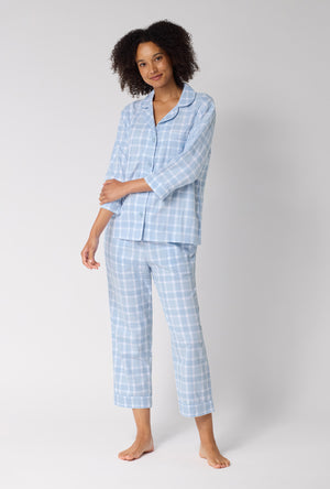 A lady wearing Meadow Haze Plaid 3/4 Sleeve Classic Woven Portuguese Flannel Cropped Pj Set