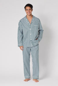 A Man wearing Green Signature Stripe Men's Long Sleeve Classic Woven Cotton Sateen Pj Set looking front