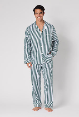 A Man wearing Green Signature Stripe Men's Long Sleeve Classic Woven Cotton Sateen Pj Set looking front
