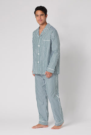 A Man wearing Green Signature Stripe Men's Long Sleeve Classic Woven Cotton Sateen Pj Set