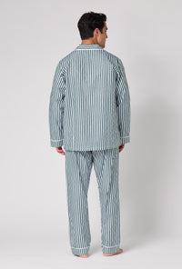 A Man wearing Green Signature Stripe Men's Long Sleeve Classic Woven Cotton Sateen Pj Set back view