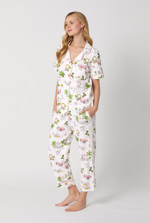 A Lady Wearing Poolside Poodles Short Sleeve Classic Stretch Jersey Cropped PJ Set Side Angle View
