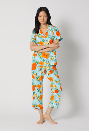 A lady wearing Golden Breeze Short Sleeve Classic Stretch Jersey Cropped Pj Set looking front