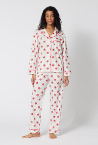 A Lady Wearing Celeste Long Sleeve Classic Woven Supersoft Cotton Poplin Pj Set