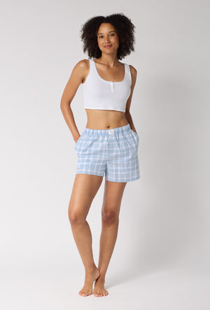 A lady wearing Meadow Haze Plaid Woven Portuguese Flannel Boxer Short