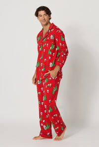 A lady wearing Merry, Beagle, & Bright Men's Long Sleeve Classic Stretch Jersey Pj Set walking