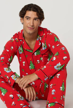 A lady wearing Merry, Beagle, & Bright Men's Long Sleeve Classic Stretch Jersey Pj Set sitting down