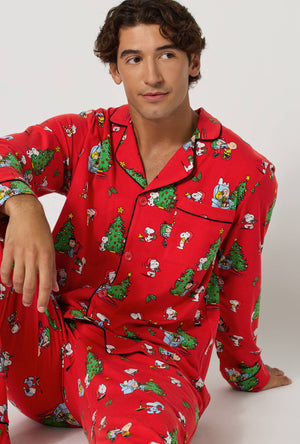 A lady wearing Merry, Beagle, & Bright Men's Long Sleeve Classic Stretch Jersey Pj Set closer look
