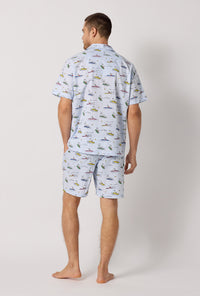 A man wearing Catch A Wave, Snoopy Men's Short Sleeve Woven Cotton Poplin Short Pj Set back view