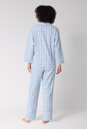 A lady wearing Meadow Haze Plaid Long Sleeve Classic Woven Portuguese Flannel Pj Set back view
