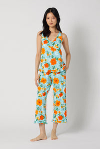 A lady wearing Golden Breeze Ruffle Tank Stretch Jersey Cropped Pj Set